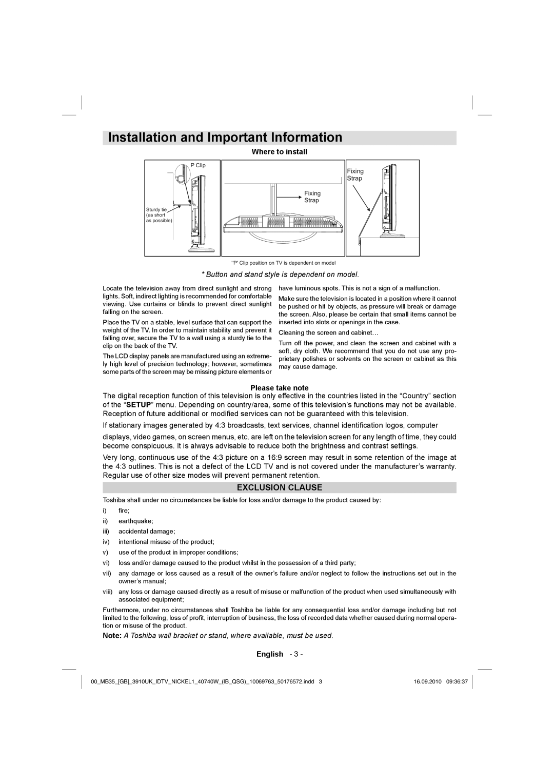 Toshiba 40BV700B owner manual Installation and Important Information, Where to install, Please take note 