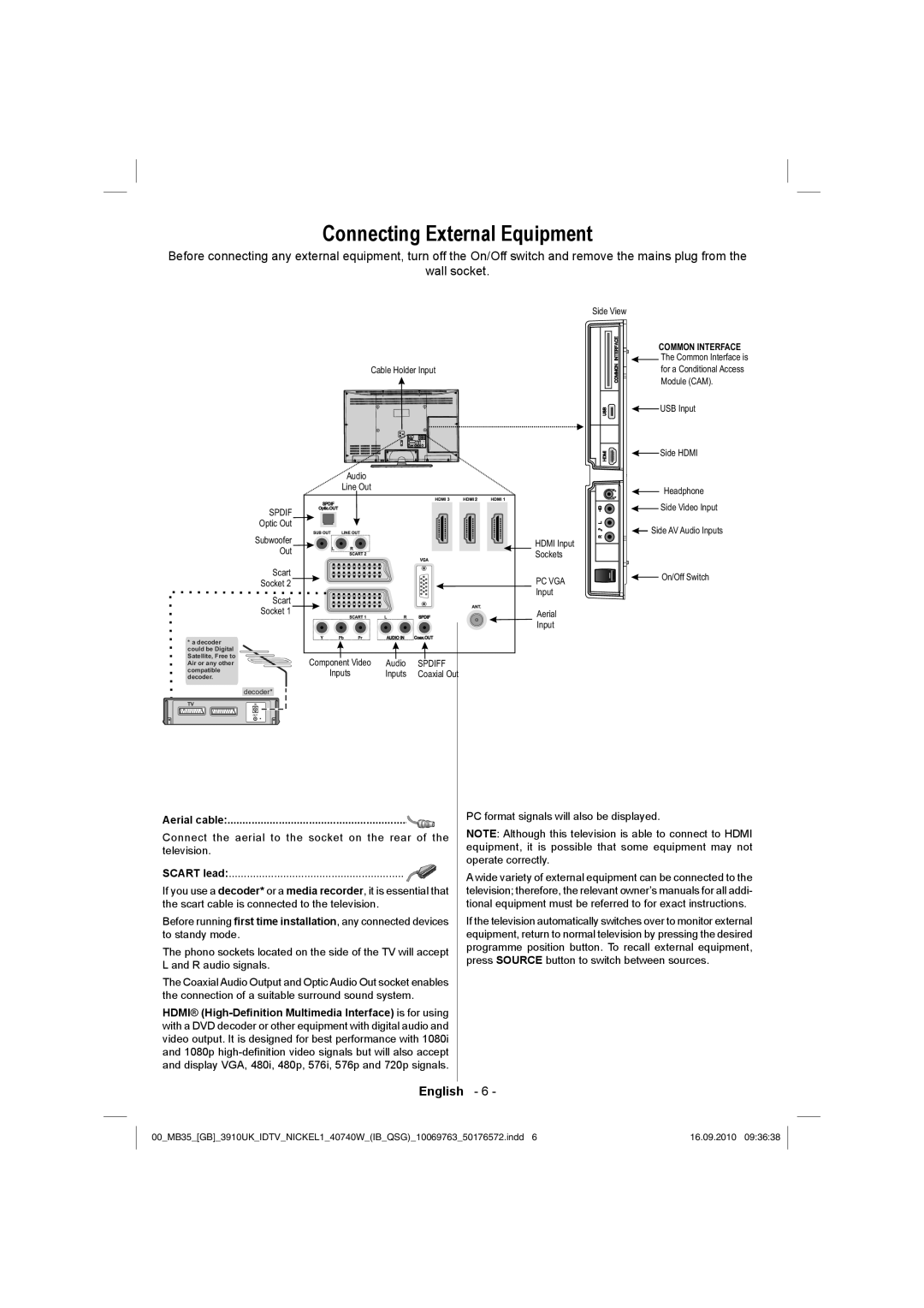 Toshiba 40BV700B owner manual Connecting External Equipment, Spdif 