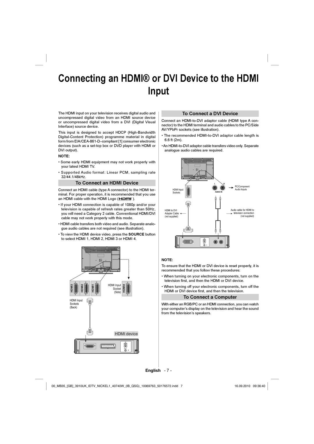 Toshiba 40BV700B Connecting an Hdmi or DVI Device to the Hdmi Input, To Connect an Hdmi Device To Connect a DVI Device 