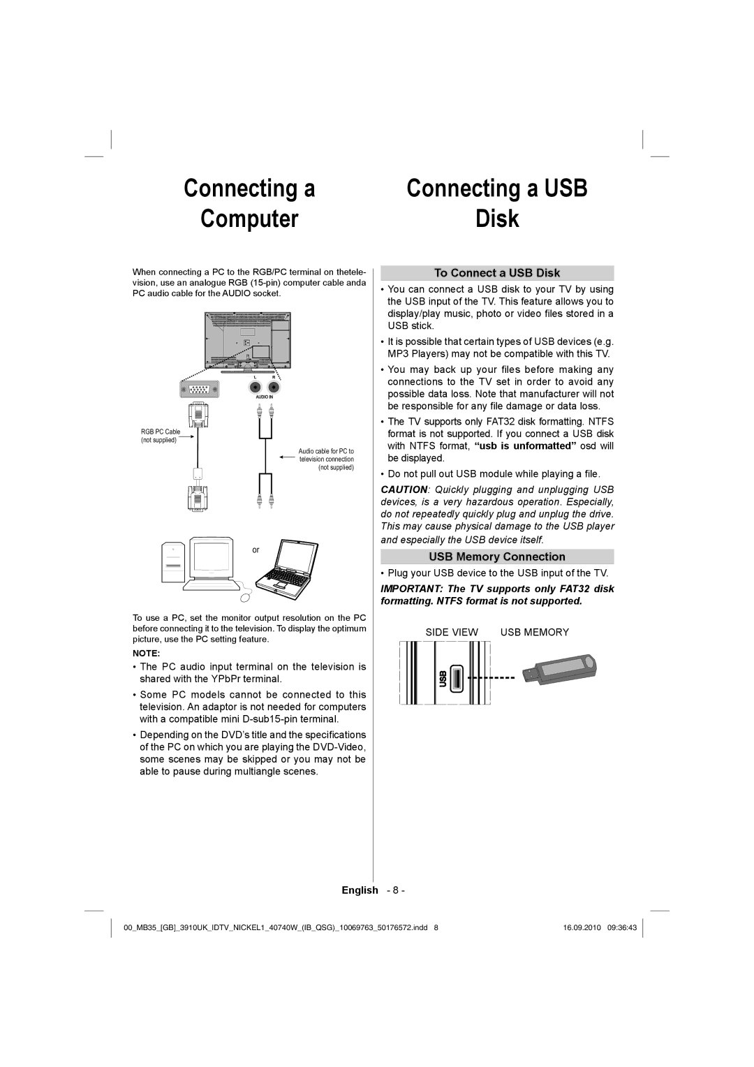 Toshiba 40BV700B owner manual To Connect a USB Disk, USB Memory Connection 