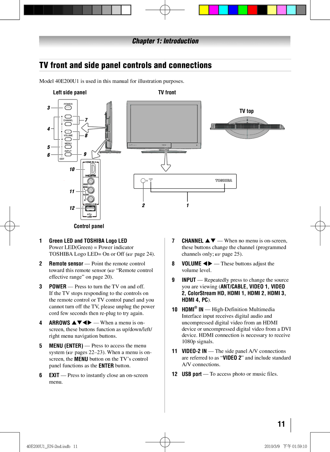 Toshiba 40E200U1 owner manual TV front and side panel controls and connections, Left side panel, TV top Control panel 