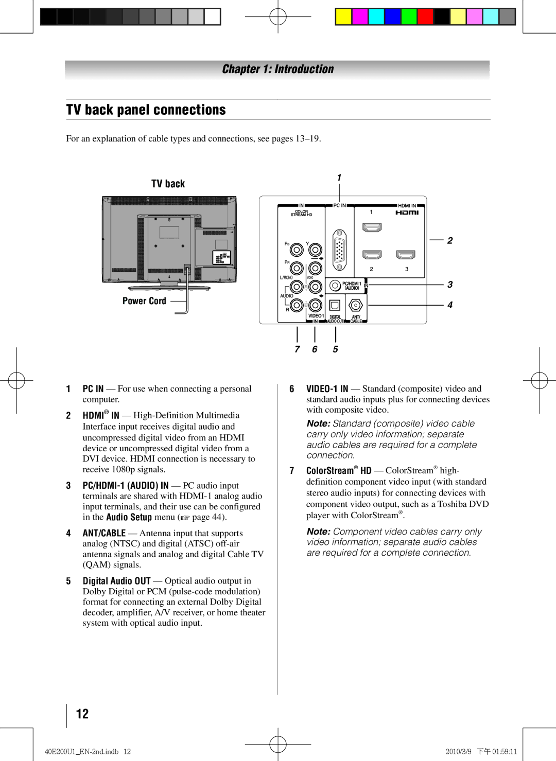 Toshiba 40E200U1 owner manual TV back panel connections, Power Cord 