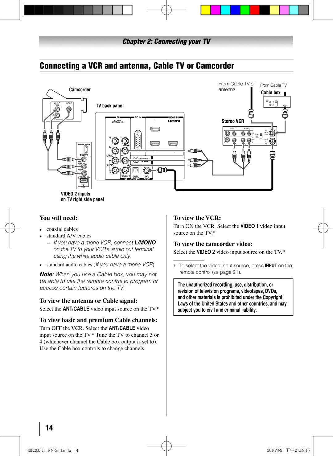 Toshiba 40E200U1 owner manual Connecting a VCR and antenna, Cable TV or Camcorder 