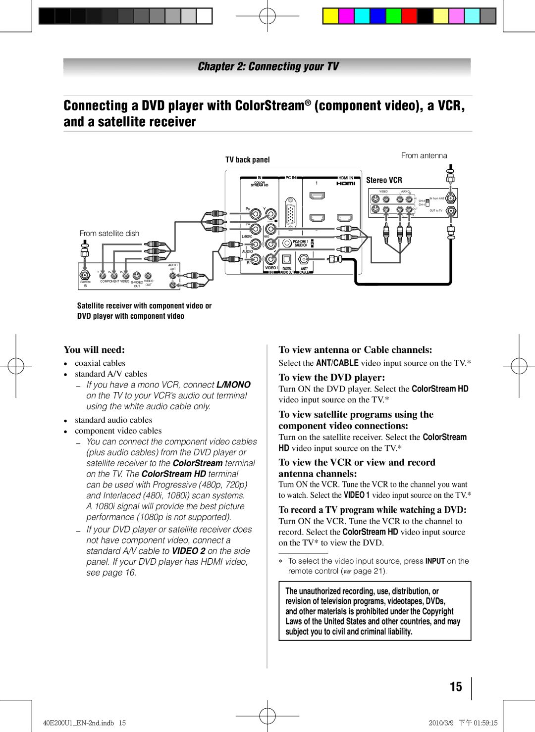 Toshiba 40E200U1 To view antenna or Cable channels, To view the DVD player, To record a TV program while watching a DVD 