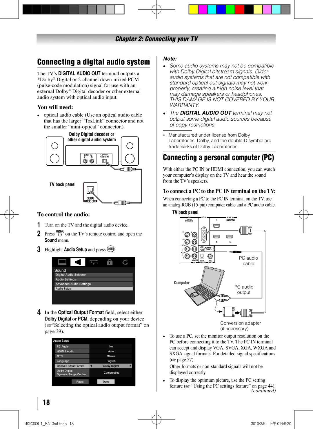 Toshiba 40E200U1 Connecting a personal computer PC, Connecting a digital audio system, To control the audio, Sound menu 