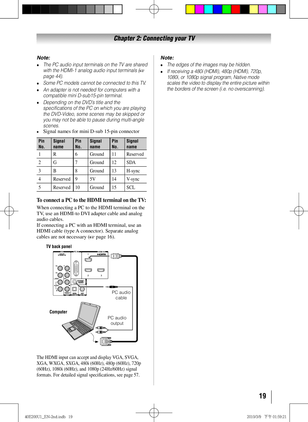 Toshiba 40E200U1 owner manual Signal names for mini D-sub 15-pin connector, Ground Reserved, Ground Sync Reserved 