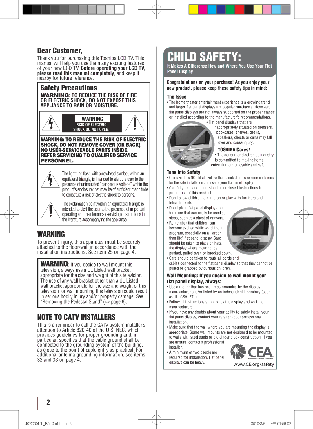 Toshiba 40E200U1 owner manual Dear Customer, Safety Precautions 