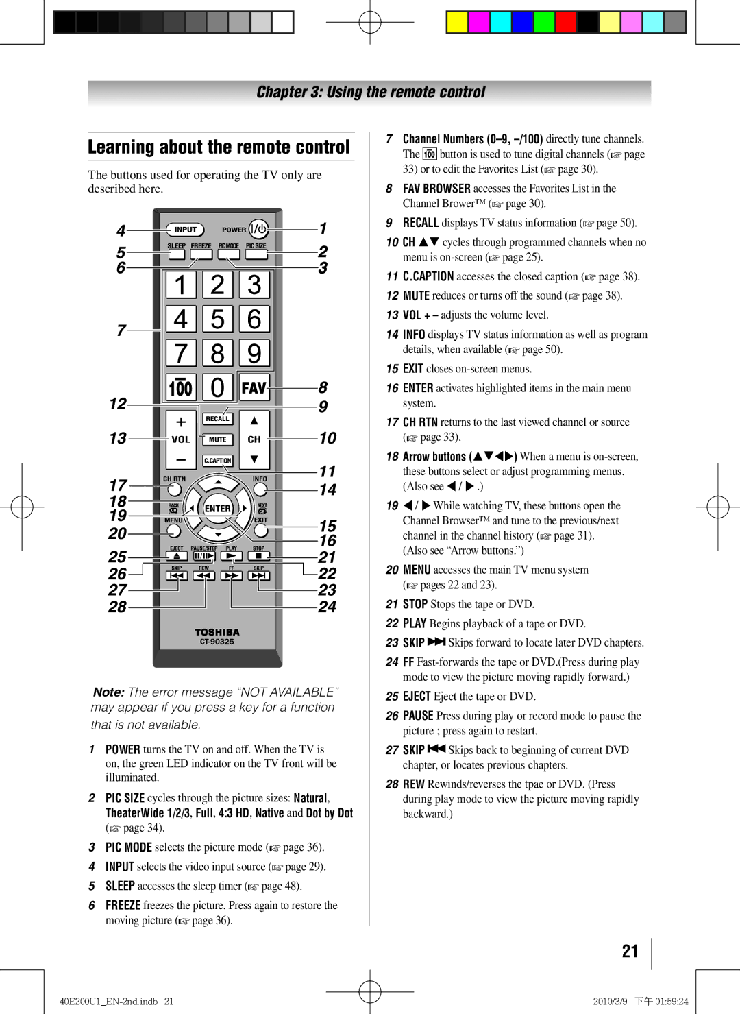 Toshiba 40E200U1 owner manual Learning about the remote control, Buttons used for operating the TV only are described here 