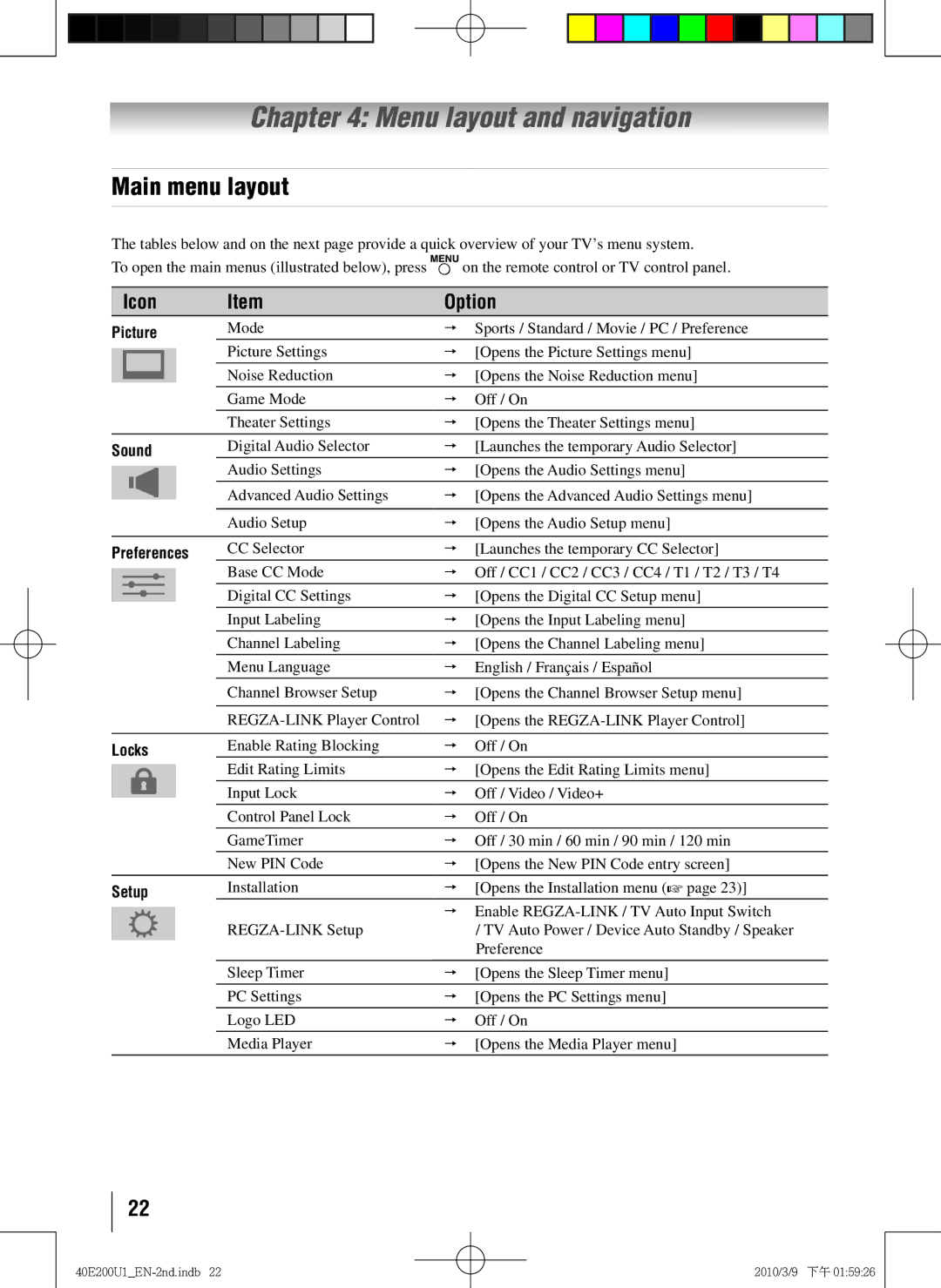 Toshiba 40E200U1 owner manual Menu layout and navigation, Main menu layout, Icon Option 