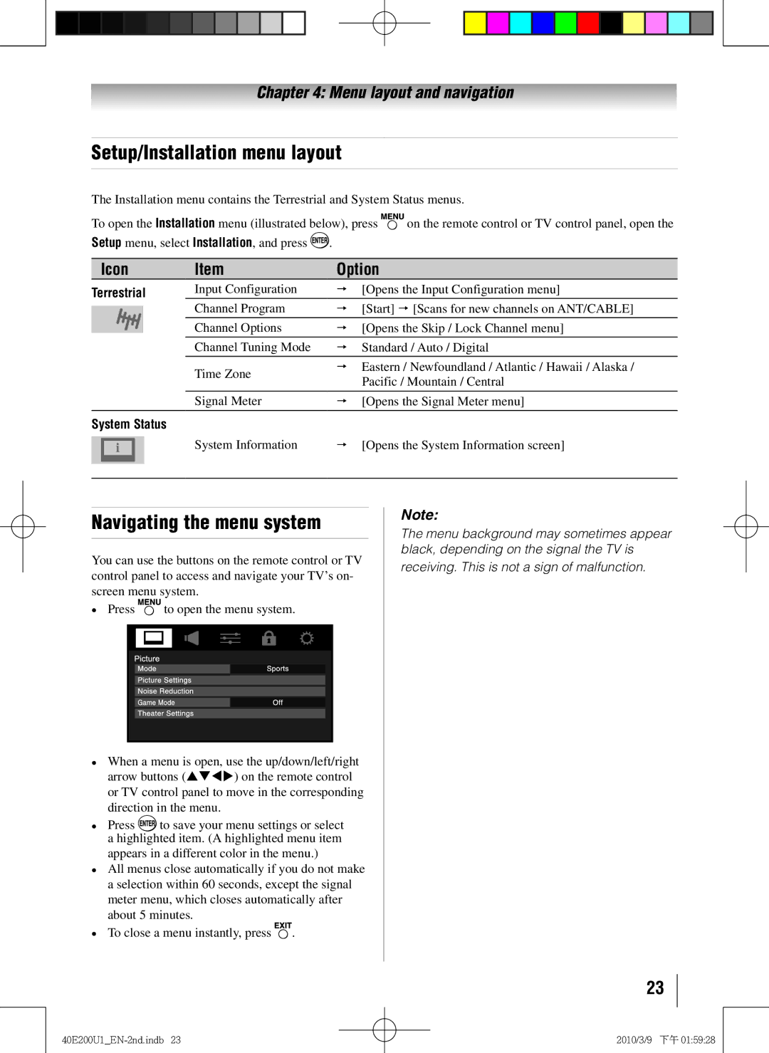 Toshiba 40E200U1 owner manual Setup/Installation menu layout, Navigating the menu system, Press 