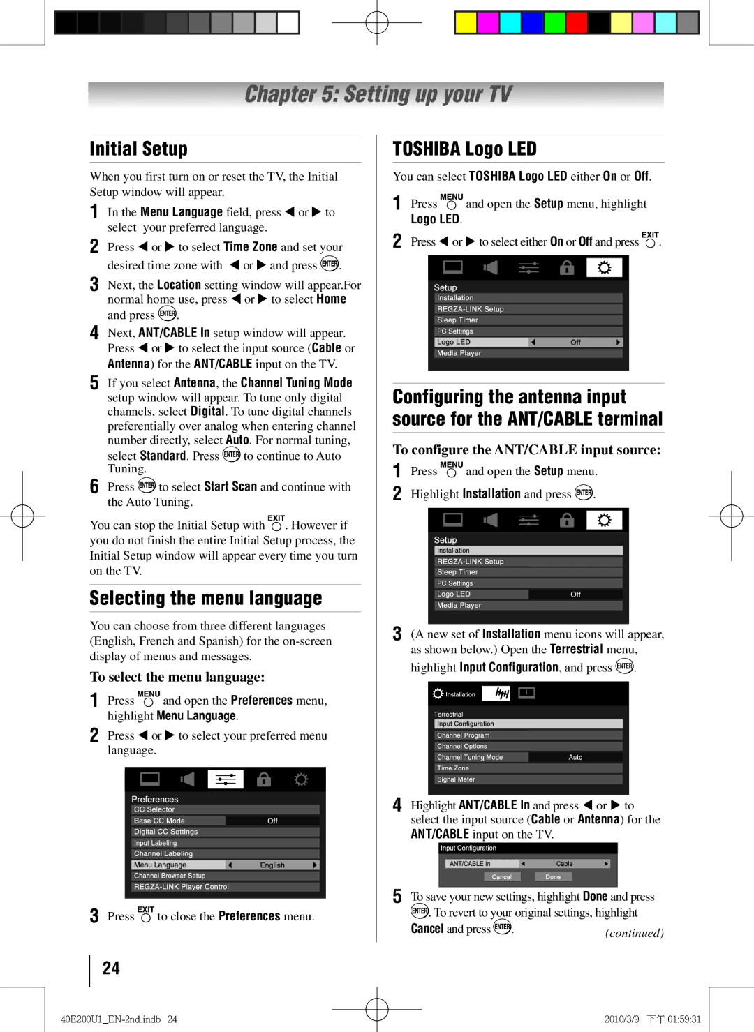 Toshiba 40E200U1 owner manual Setting up your TV, Initial Setup, Selecting the menu language, Toshiba Logo LED 