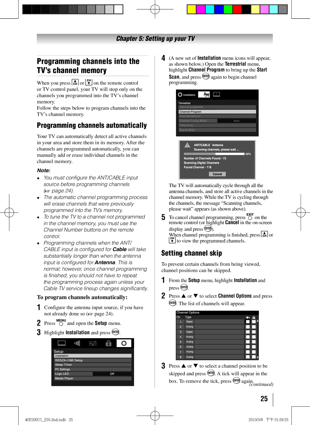 Toshiba 40E200U1 owner manual Programming channels into the TV’s channel memory, Setting channel skip 