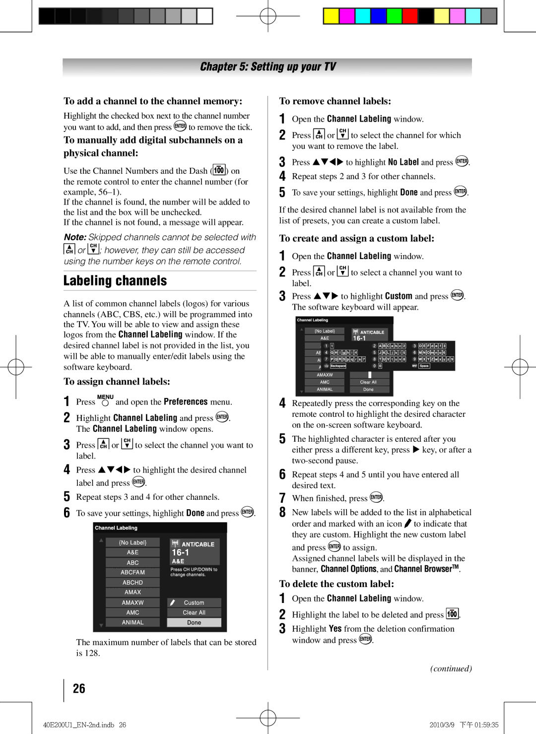 Toshiba 40E200U1 owner manual Labeling channels 