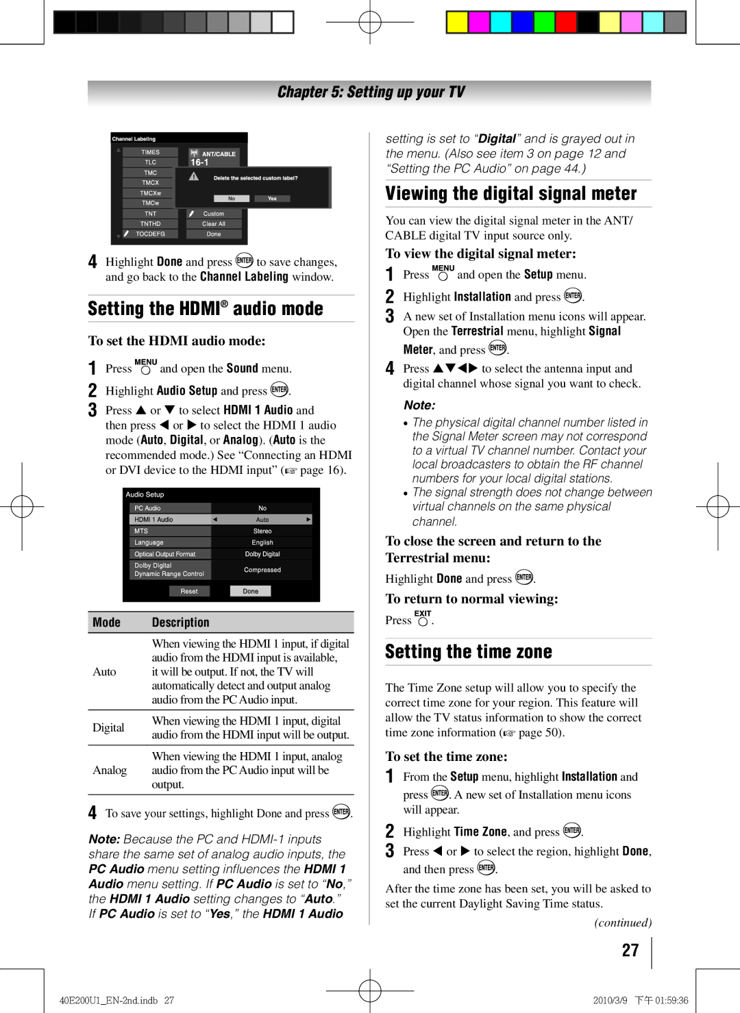 Toshiba 40E200U1 owner manual Setting the Hdmi audio mode, Viewing the digital signal meter, Setting the time zone 