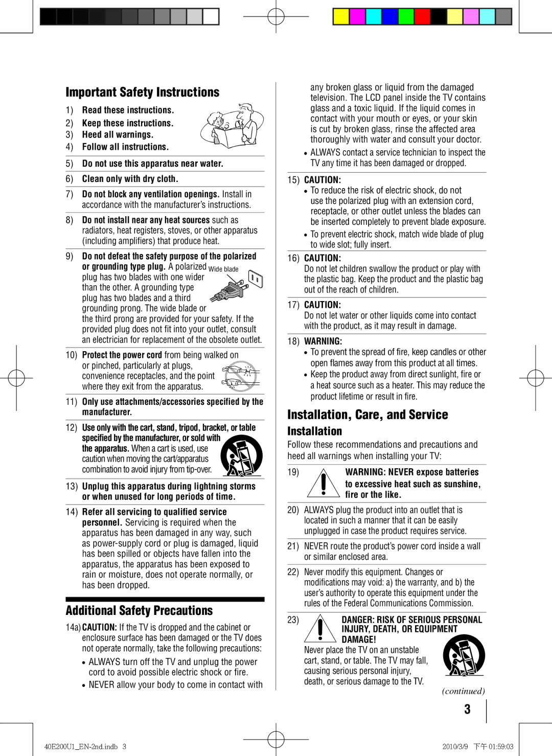 Toshiba 40E200U1 owner manual Important Safety Instructions, Additional Safety Precautions, Installation, Care, and Service 