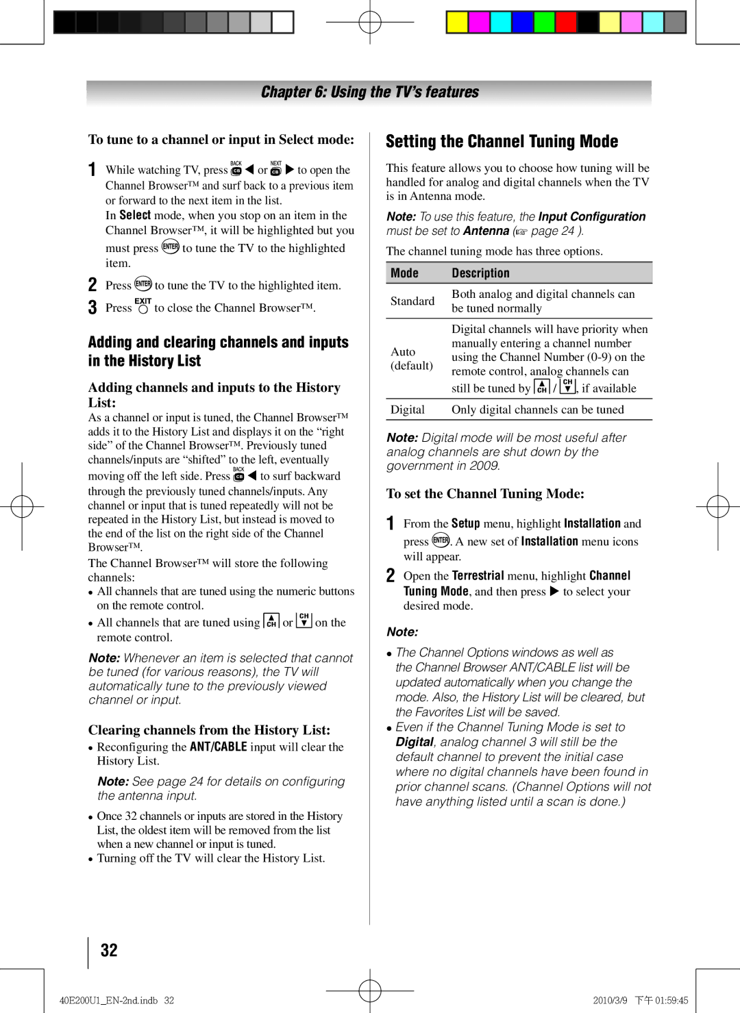 Toshiba 40E200U1 owner manual Setting the Channel Tuning Mode, Adding and clearing channels and inputs in the History List 