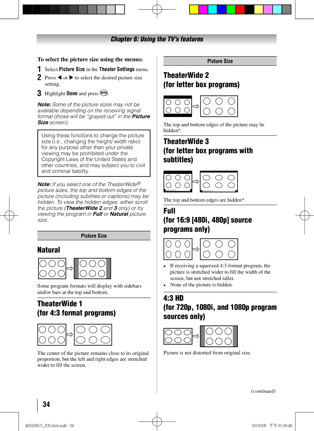 Toshiba 40E200U1 owner manual Natural, TheaterWide For 43 format programs, TheaterWide For letter box programs 