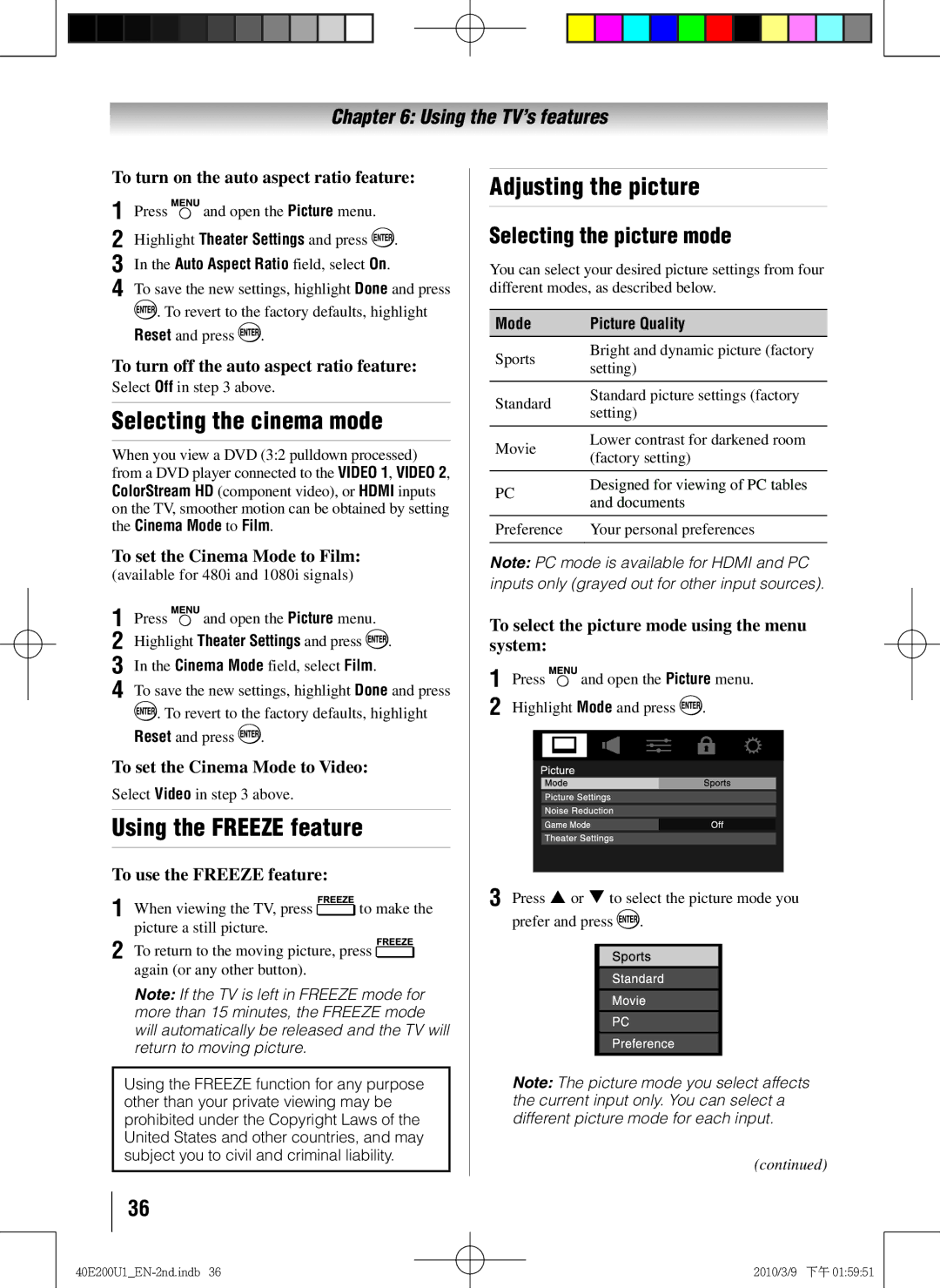 Toshiba 40E200U1 Selecting the cinema mode, Using the Freeze feature, Adjusting the picture, Selecting the picture mode 