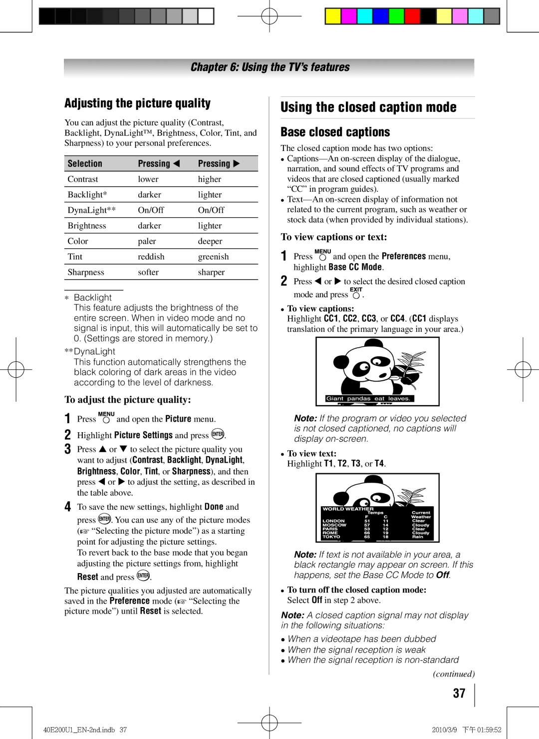 Toshiba 40E200U1 owner manual Using the closed caption mode, Adjusting the picture quality, Base closed captions 