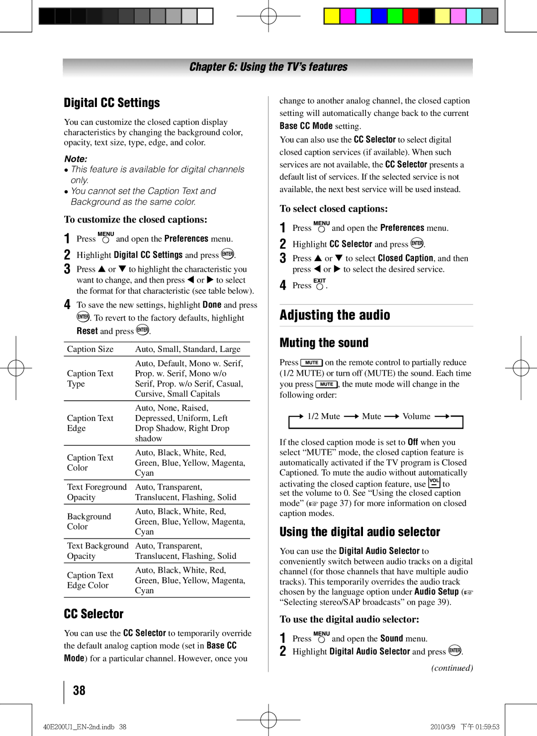Toshiba 40E200U1 Adjusting the audio, Digital CC Settings, CC Selector, Muting the sound, Using the digital audio selector 