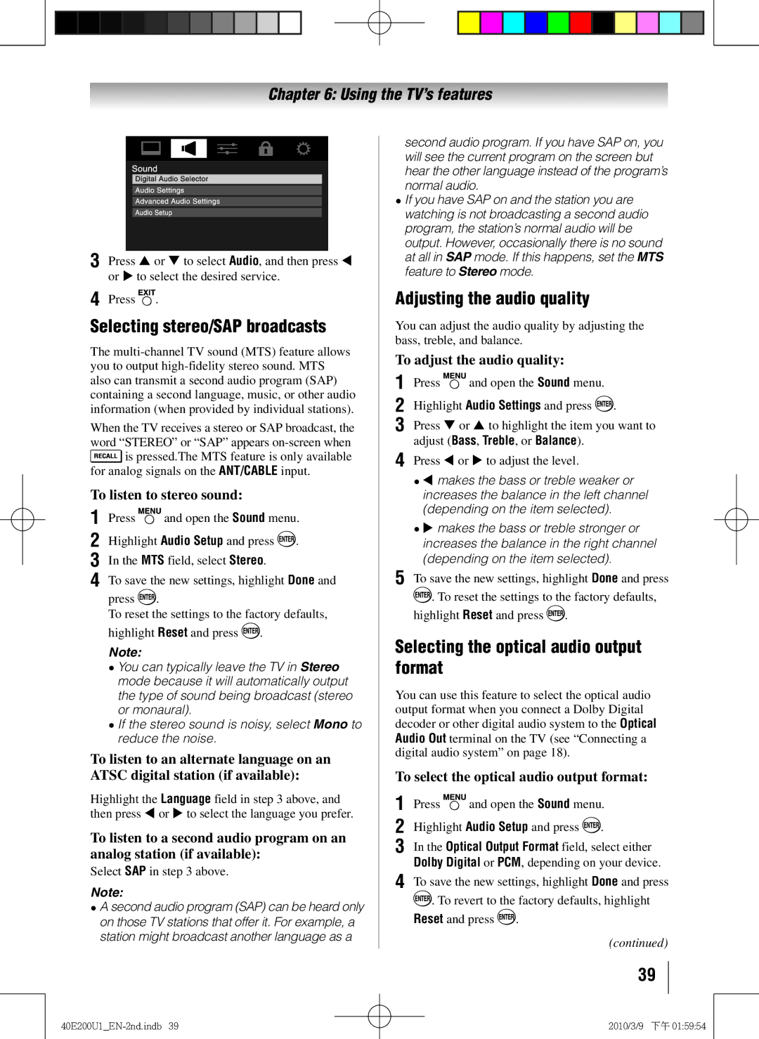 Toshiba 40E200U1 Selecting stereo/SAP broadcasts, Adjusting the audio quality, Selecting the optical audio output format 