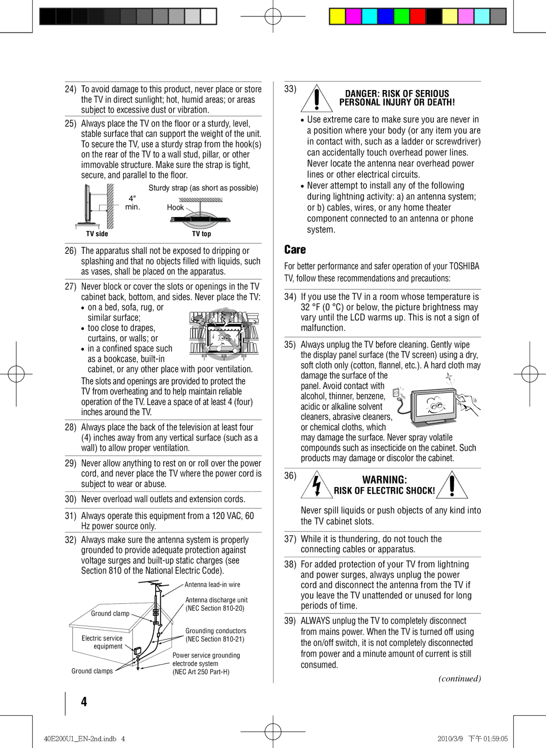 Toshiba 40E200U1 owner manual Care, On a bed, sofa, rug, or similar surface 