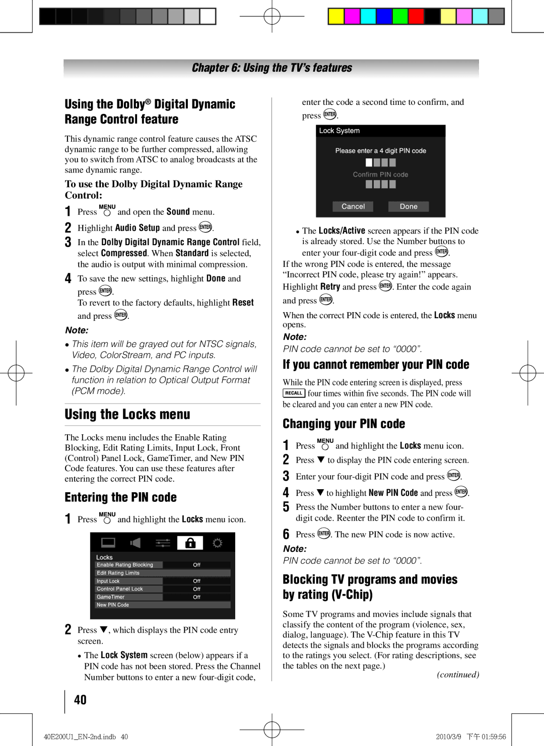 Toshiba 40E200U1 Using the Locks menu, Entering the PIN code, If you cannot remember your PIN code, Changing your PIN code 