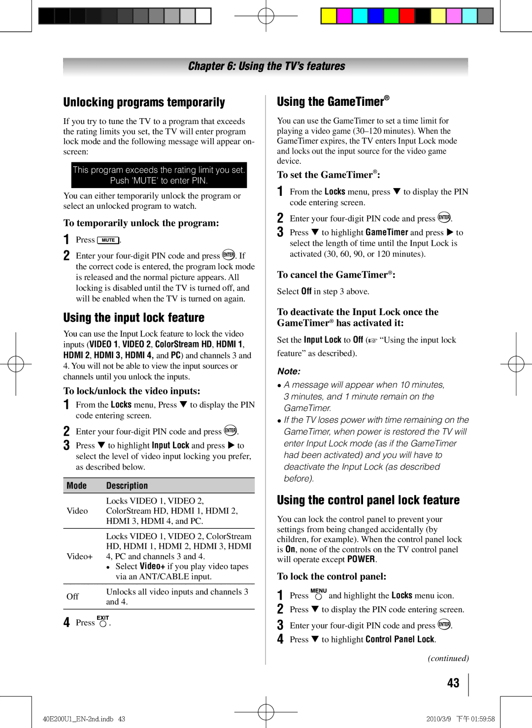 Toshiba 40E200U1 owner manual Unlocking programs temporarily, Using the input lock feature, Using the GameTimer 