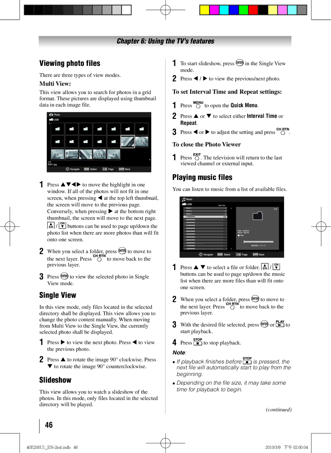 Toshiba 40E200U1 owner manual Viewing photo files, Single View, Slideshow, Playing music files 