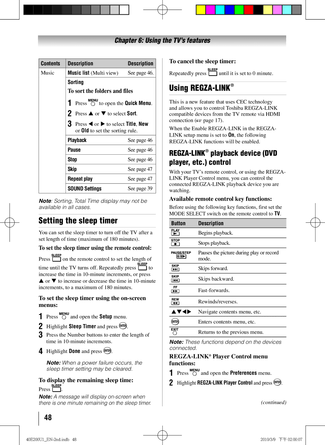 Toshiba 40E200U1 owner manual Setting the sleep timer, Using REGZA-LINK, REGZA-LINKplayback device DVD player, etc. control 