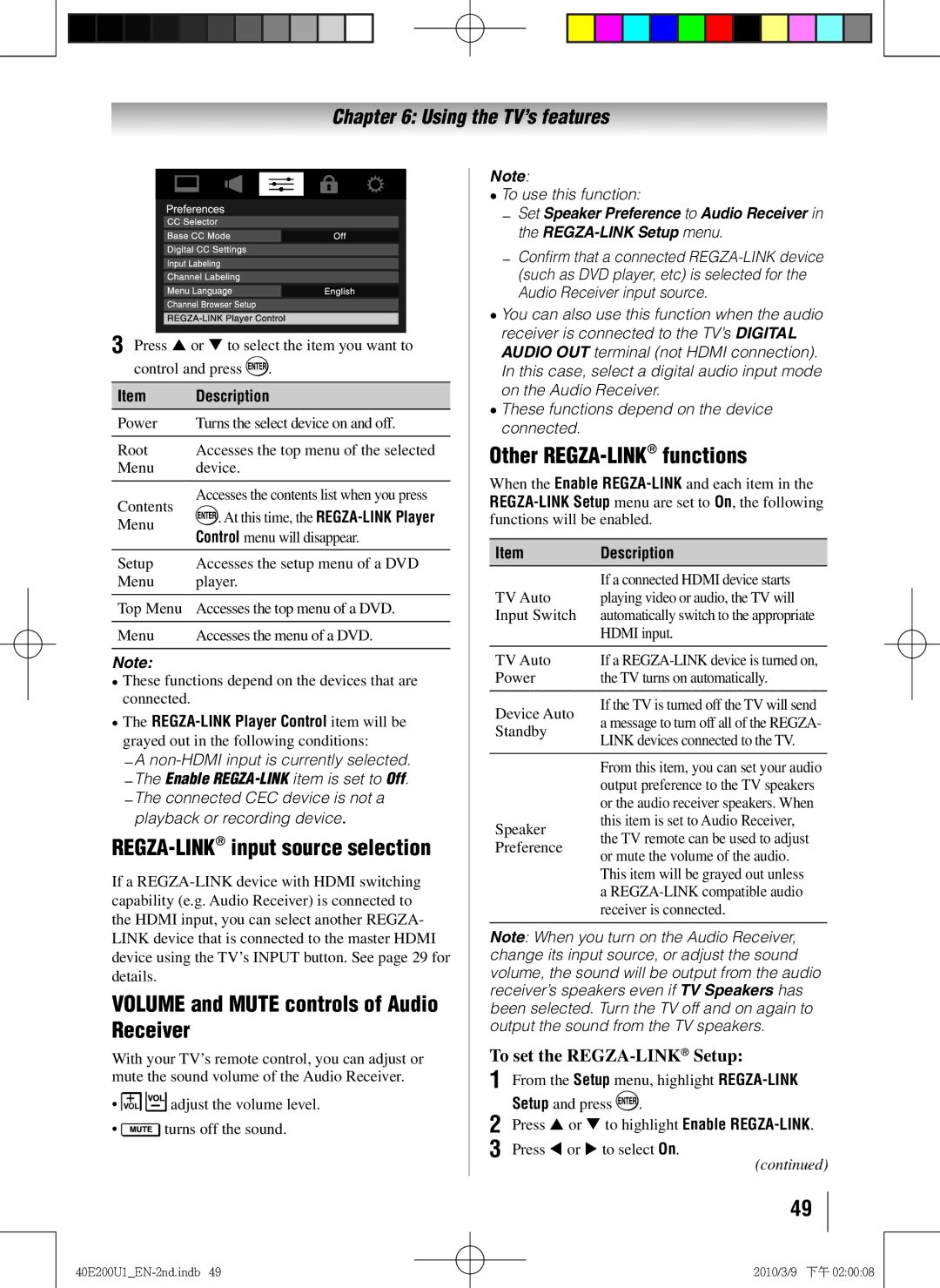 Toshiba 40E200U1 REGZA-LINKinput source selection, Volume and Mute controls of Audio Receiver, Other REGZA-LINKfunctions 