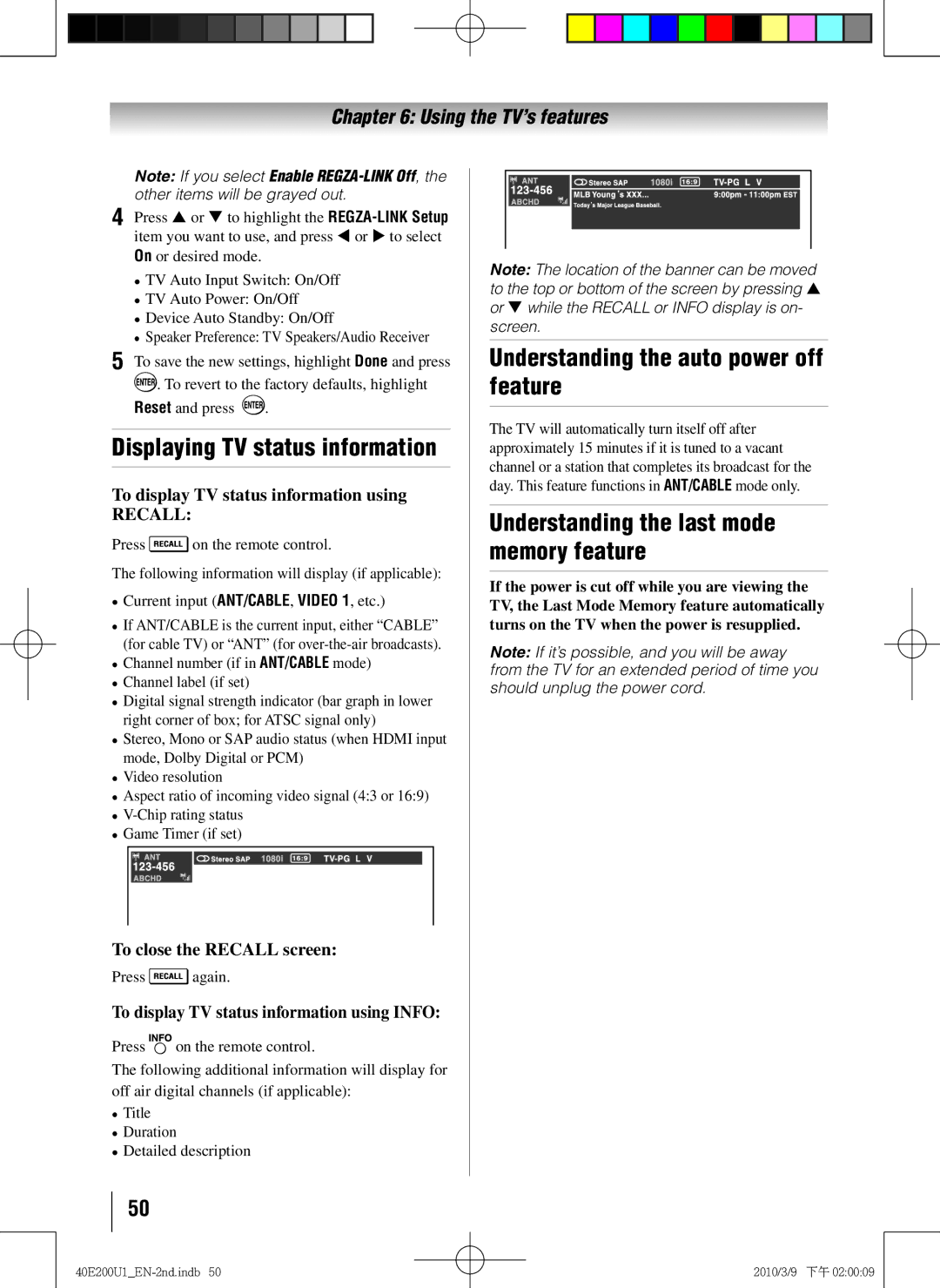 Toshiba 40E200U1 owner manual Displaying TV status information, Understanding the auto power off feature 