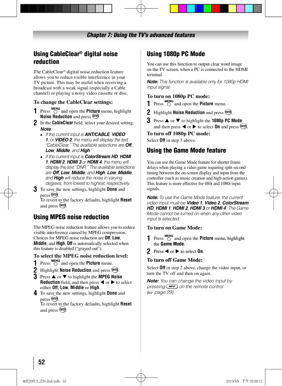 Toshiba 40E200U1 owner manual Using CableClear digital noise reduction, Using Mpeg noise reduction, Using 1080p PC Mode 