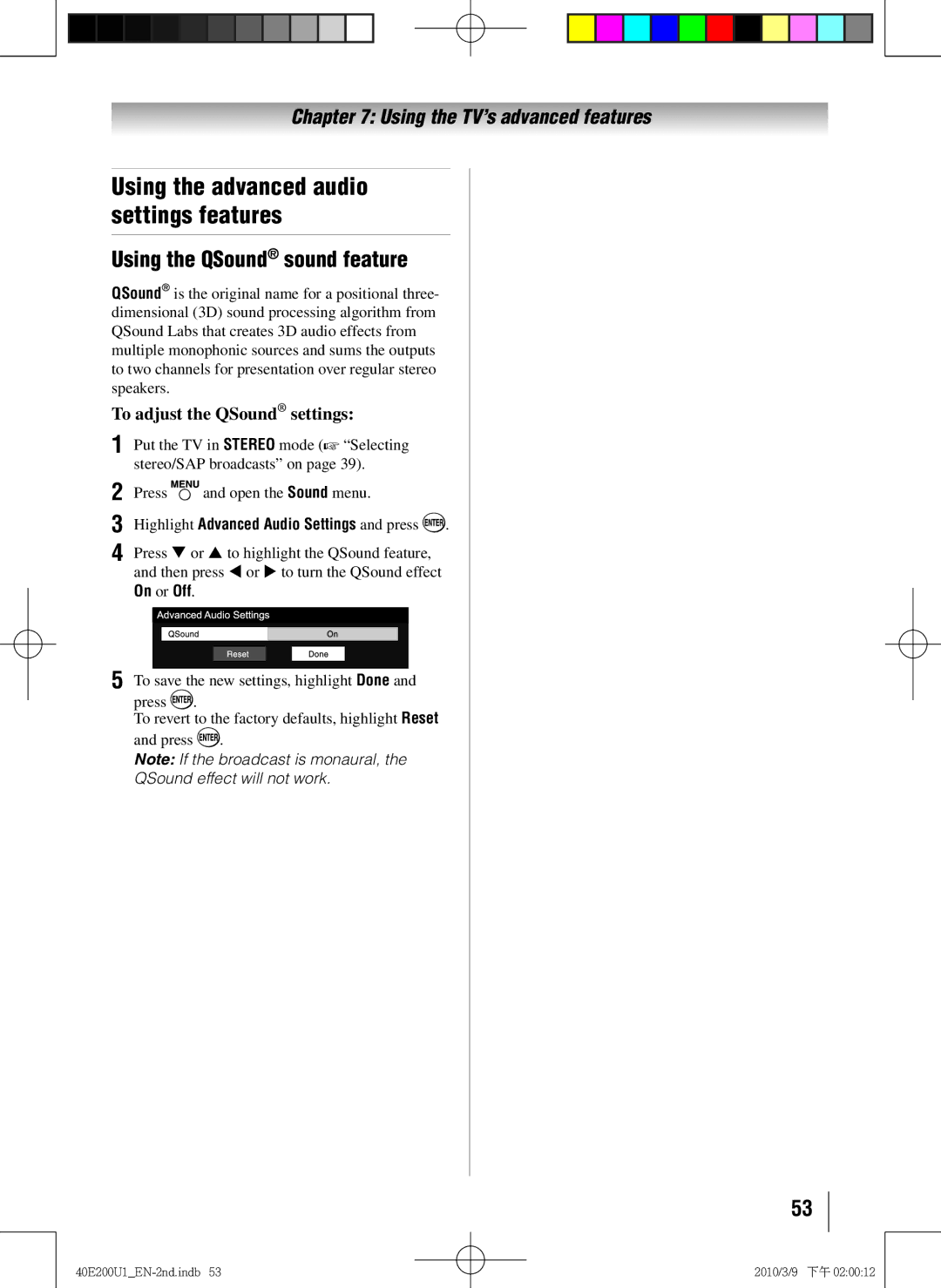 Toshiba 40E200U1 Using the advanced audio settings features, Using the QSound sound feature, To adjust the QSound settings 