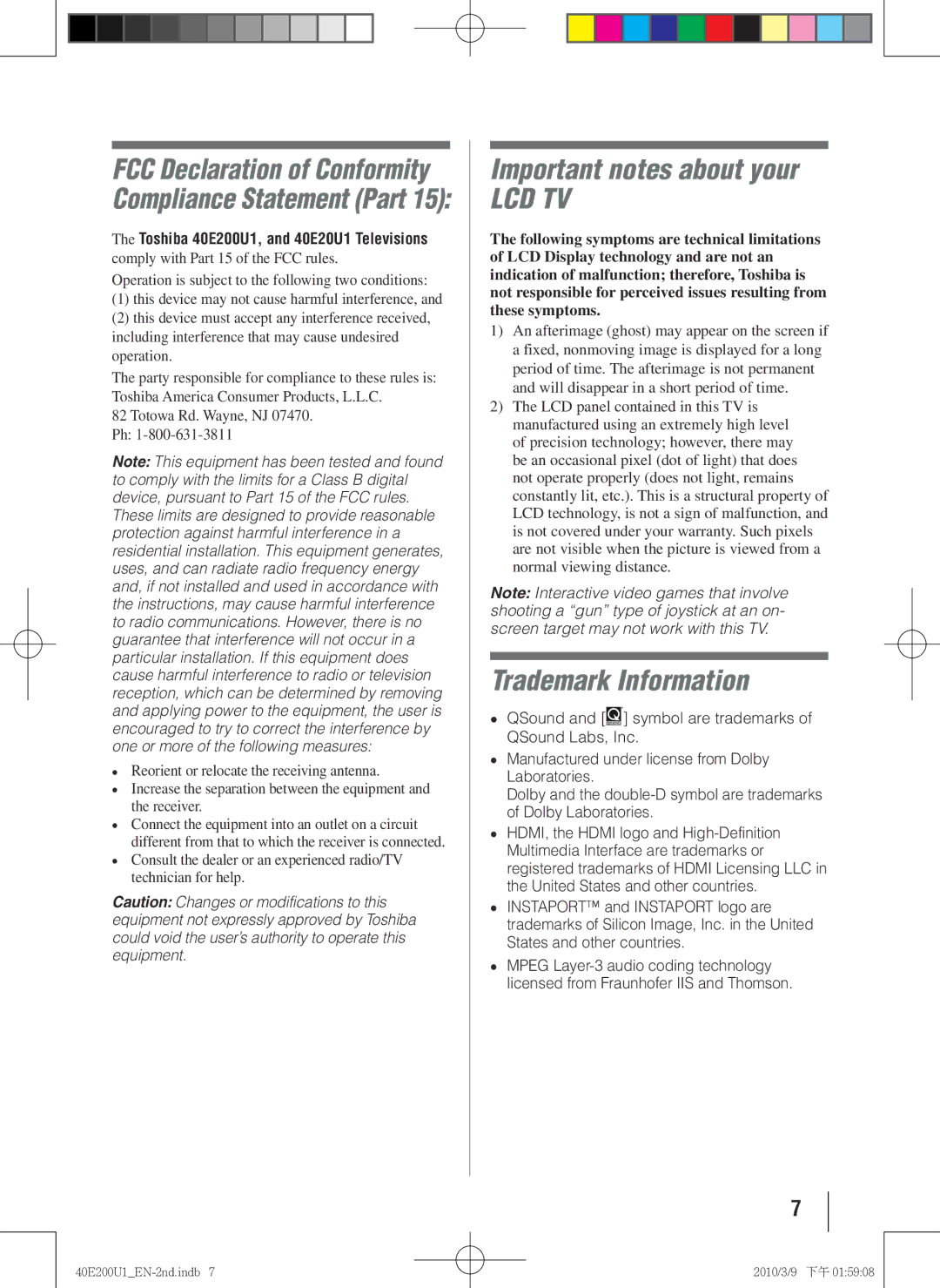 Toshiba 40E200U1 owner manual Important notes about your, Trademark Information 