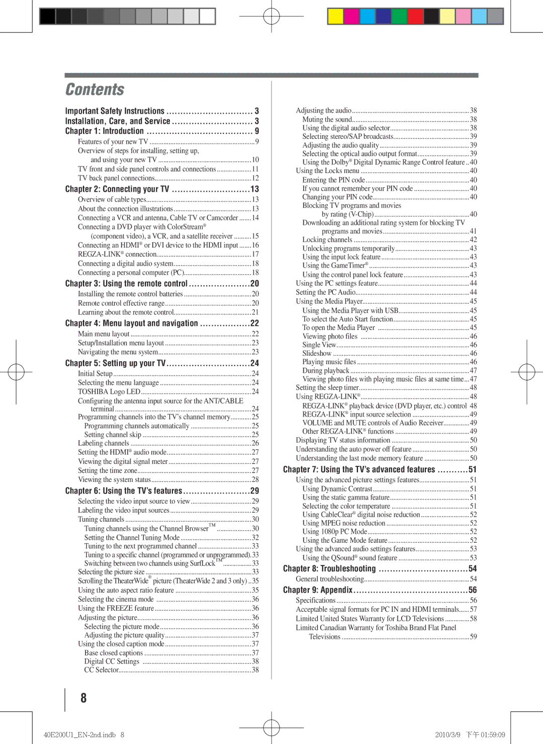 Toshiba 40E200U1 owner manual Contents 