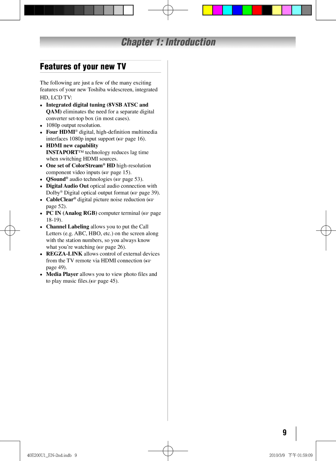 Toshiba 40E200U1 owner manual Introduction, Features of your new TV, 1080p output resolution, QSound audio technologies  