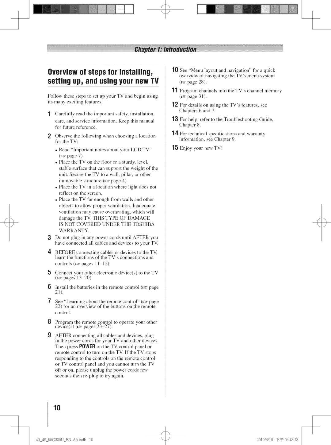 Toshiba 40G30U, 40G300U, 55G300U, 46G30U, 46G300U manual Overview of steps for installing, Setting up, and using your new TV 