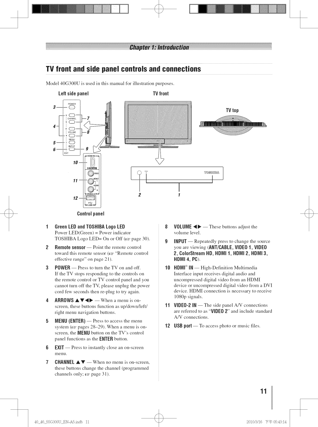 Toshiba 40G300U, 40G30U, 55G300U TV front and side panel controls and connections, Left side panel TV front, Control panel 