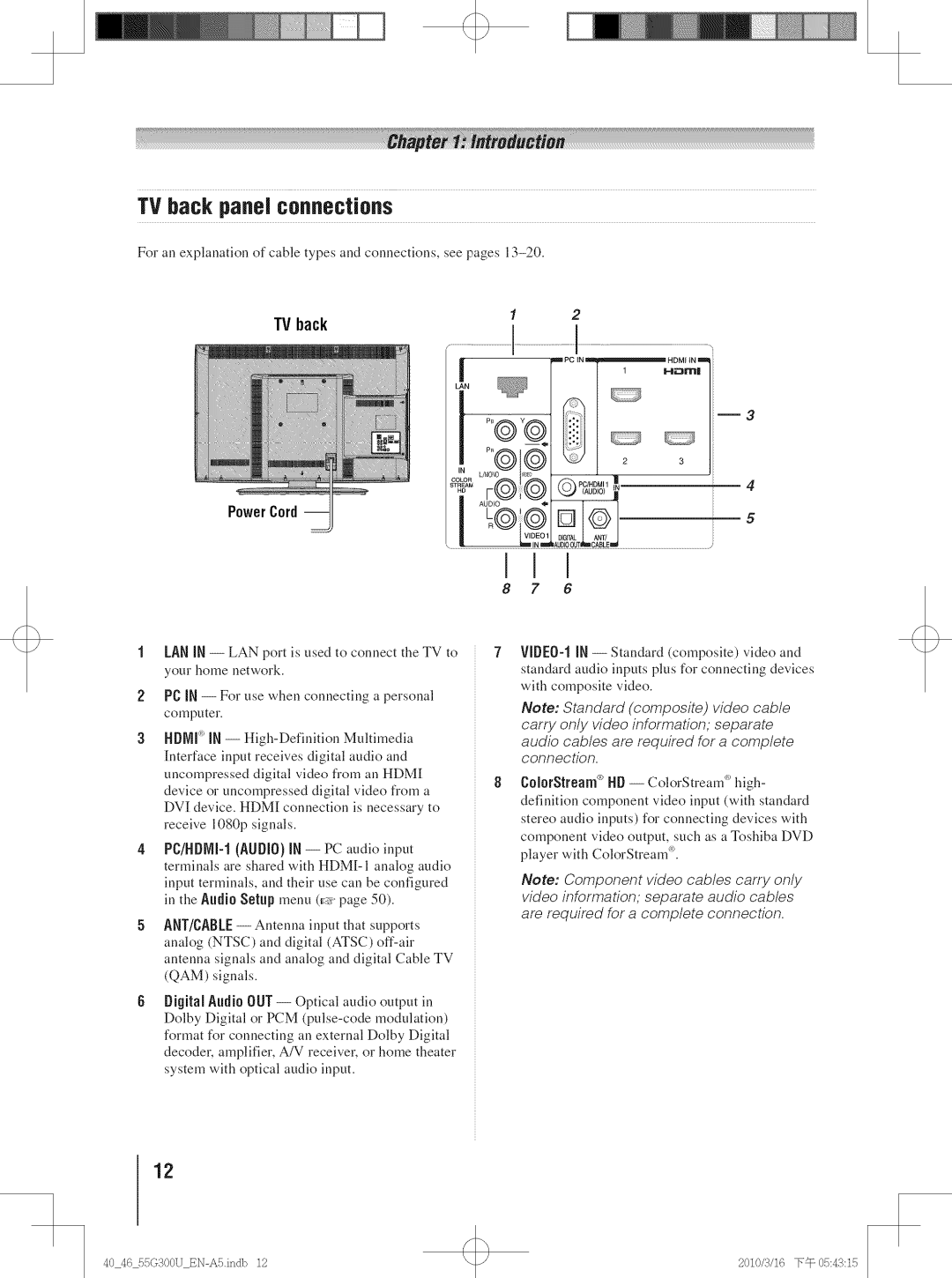 Toshiba 55G300U, 40G30U, 40G300U, 46G30U, 46G300U manual TV back panel connections, TVback, PowerCord 