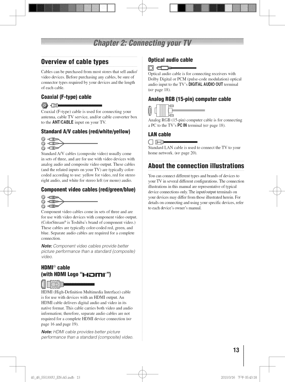 Toshiba 46G30U, 40G30U, 40G300U, 55G300U, 46G300U manual Overview of cable types, About the connection illustrations 