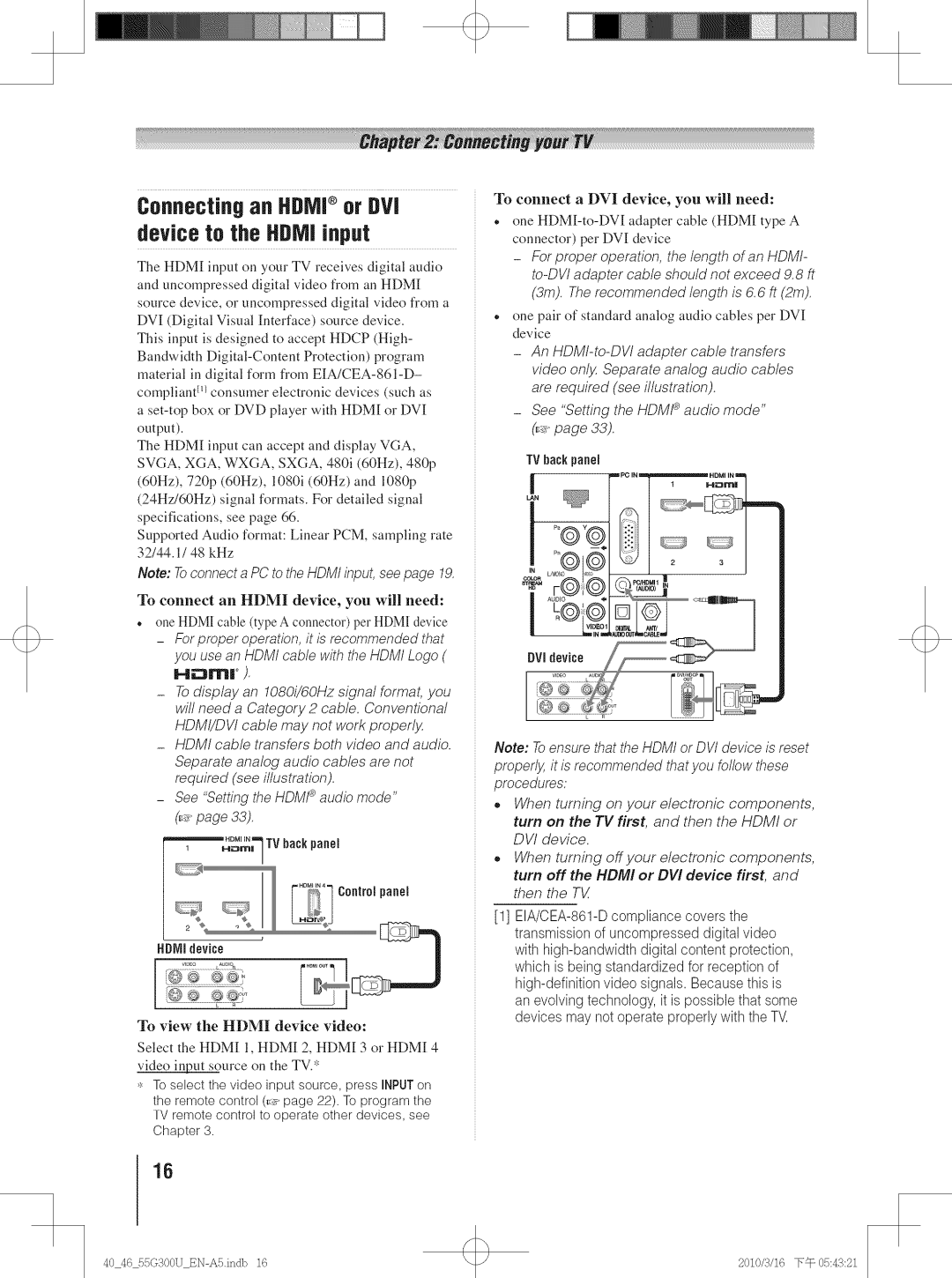 Toshiba 40G300U, 40G30U Connecting aft Hdni or DVI Device to the HDN input, Back panel, Hmr, IiControlpanel HDIVlldevice 