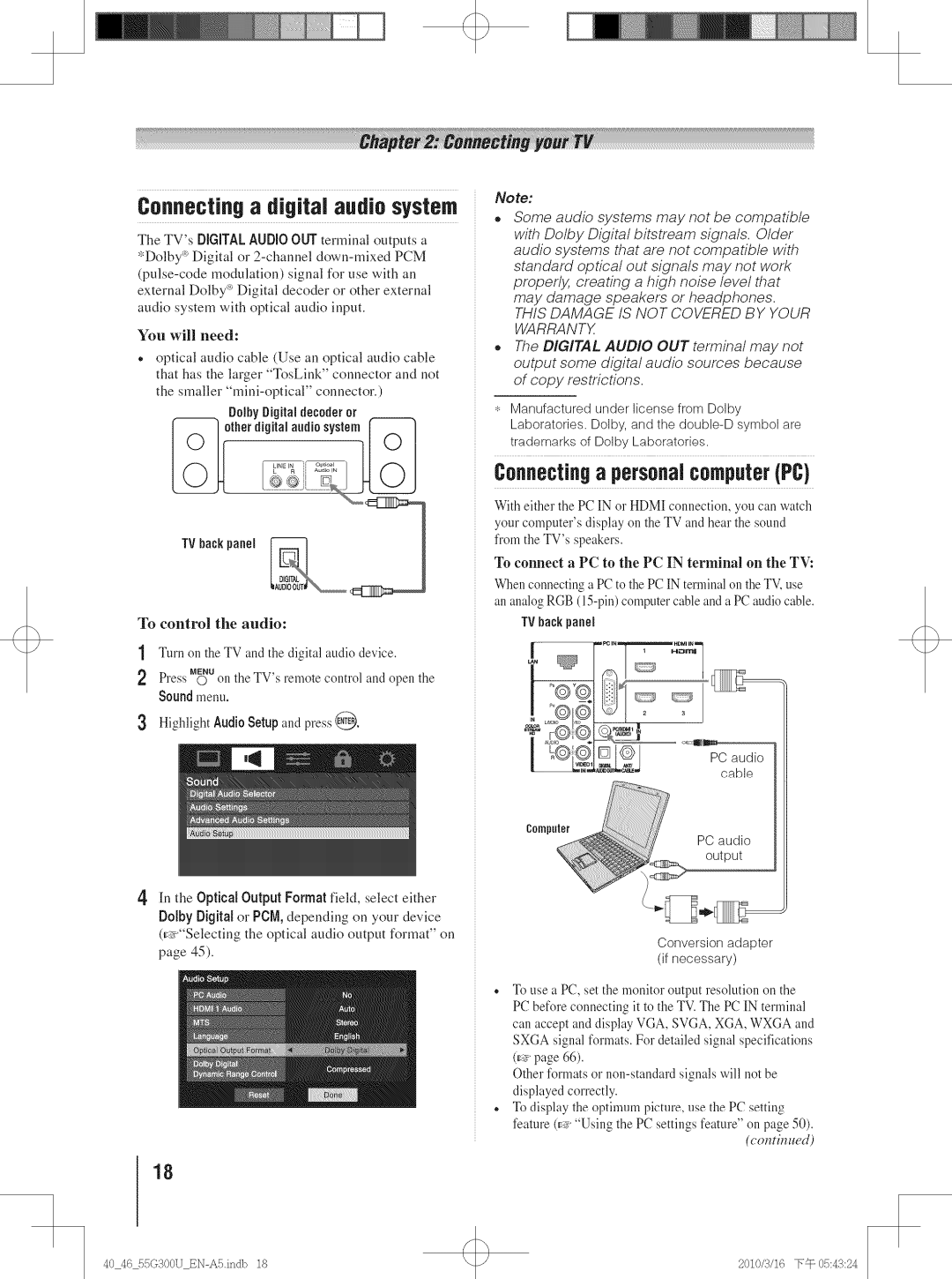 Toshiba 46G30U, 40G30U, 40G300U manual Connectinga digital audio system, Connectinga personalcomputerPC, To control the audio 