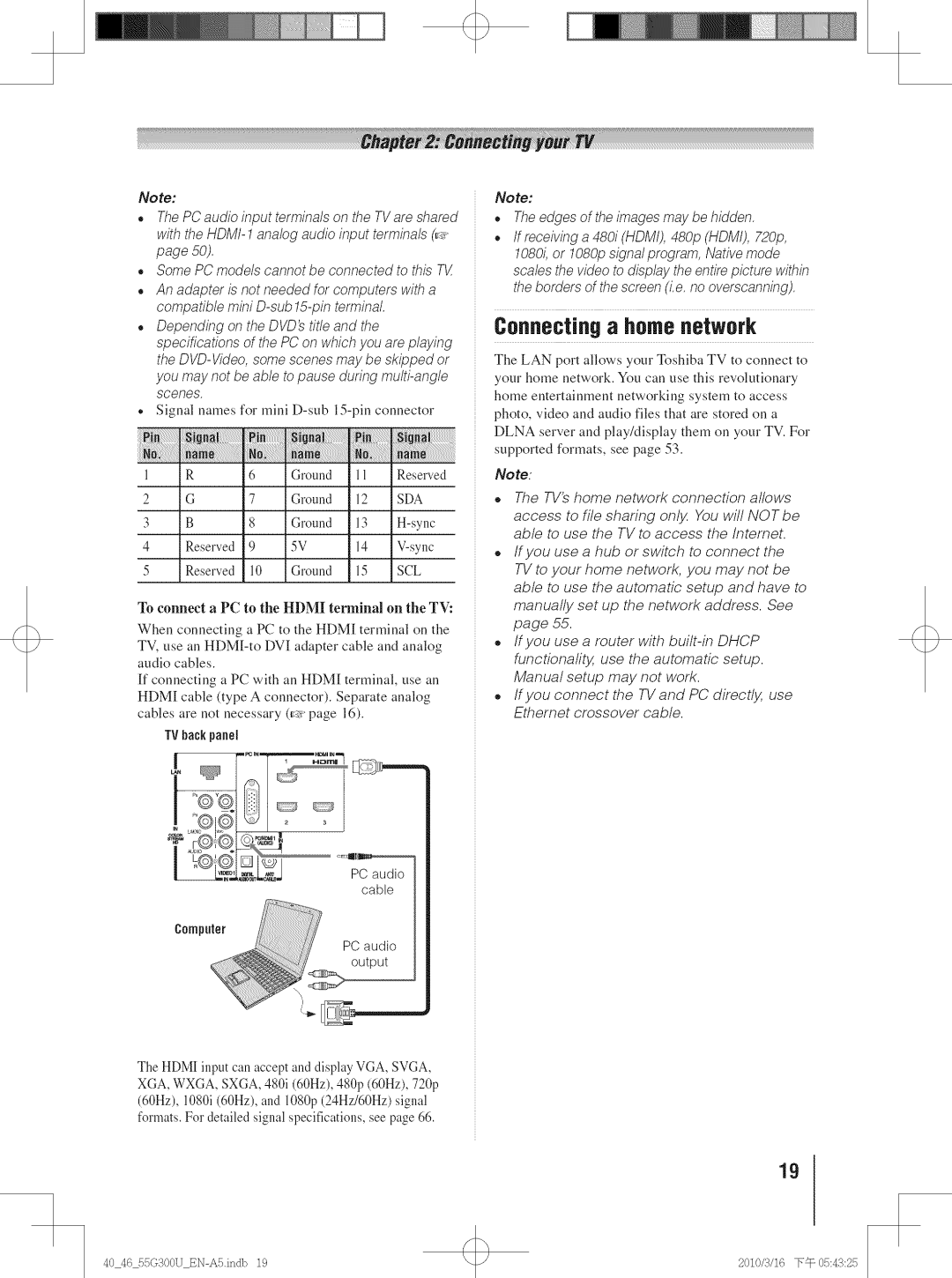 Toshiba 46G300U, 40G30U, 40G300U, 55G300U, 46G30U manual Connectinga homenetwork, Reserved, TVback panel 