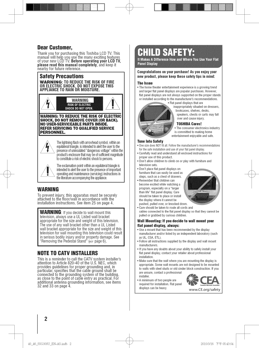 Toshiba 55G300U, 40G30U Safety Precautions, Dear Customer, Please read this manual completely,and keep it, Tuneinto Safety 