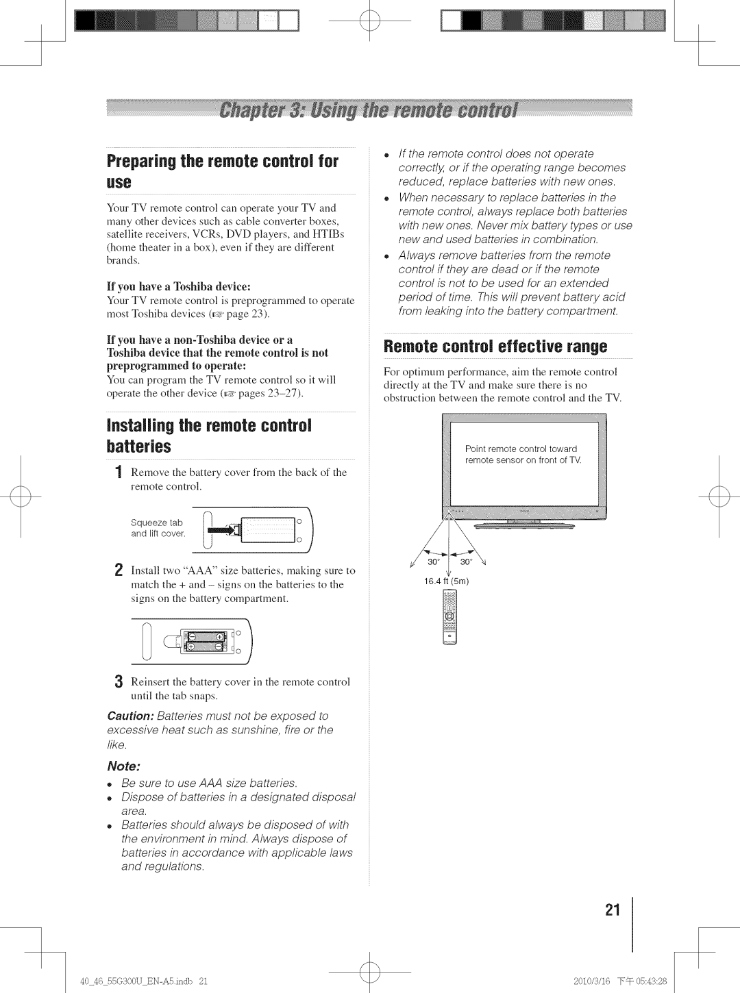 Toshiba 40G300U Instaflingthe remote control batteries, Preparing the remote control for, Remote control effective range 