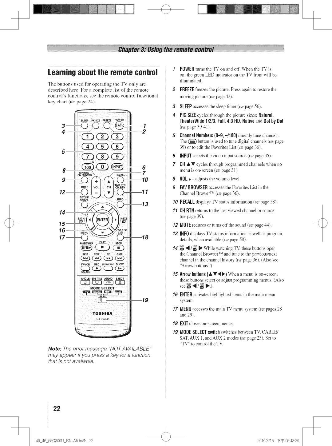 Toshiba 55G300U, 40G30U, 40G300U, 46G30U Learning about the remote controJ, TheaterWide1/2/3,Full,43HD,Hativeand Do by Do 