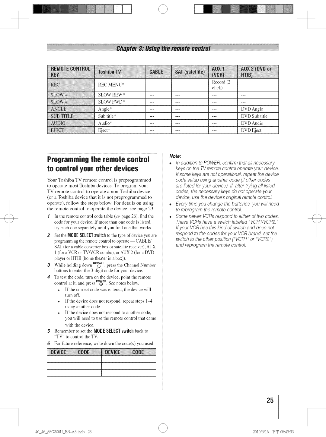 Toshiba 40G30U, 40G300U, 55G300U, 46G30U, 46G300U manual Programmingthe remote control to controlyourother devices 