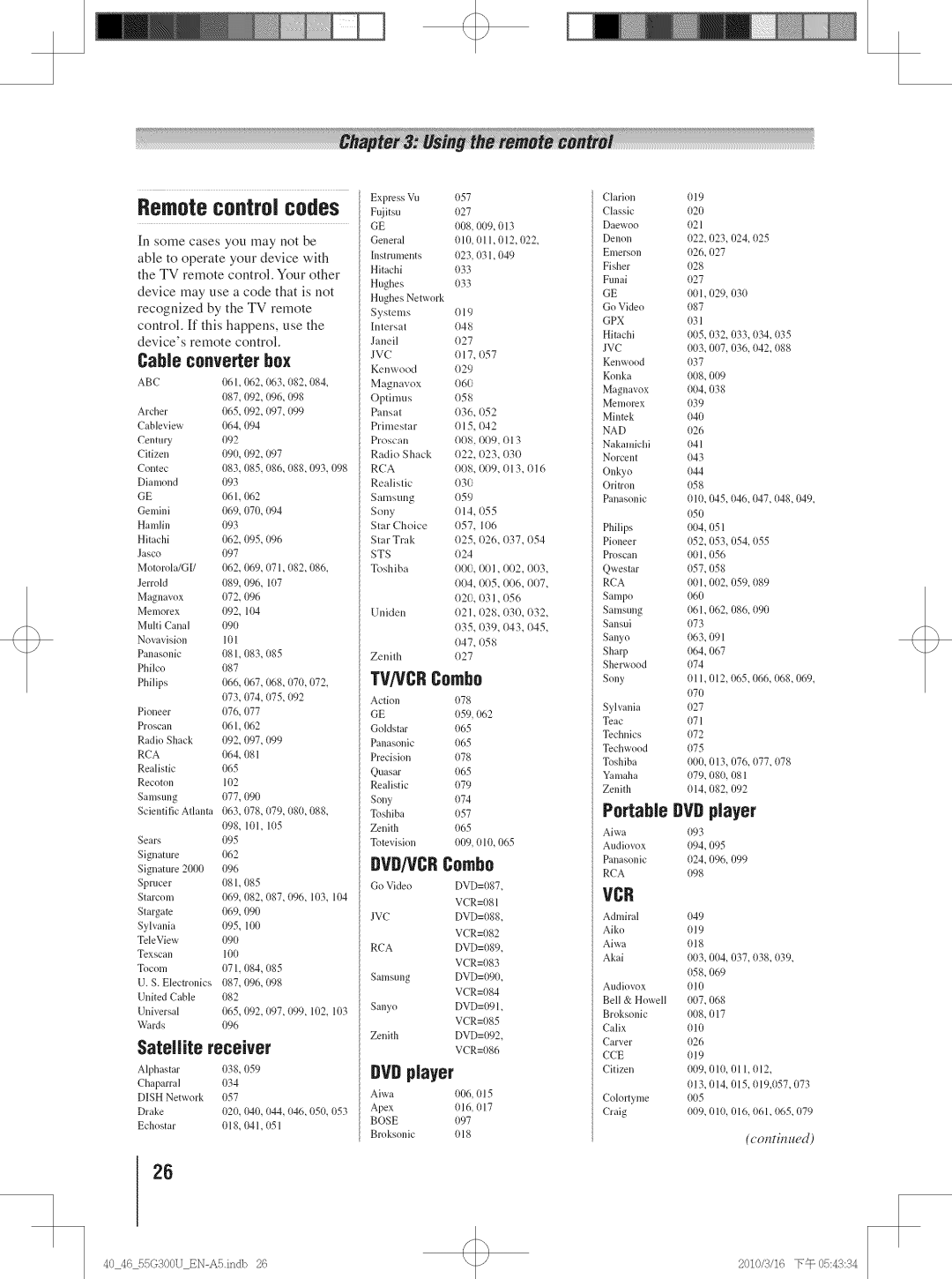 Toshiba 40G300U, 40G30U, 55G300U, 46G30U, 46G300U manual Remote control codes 