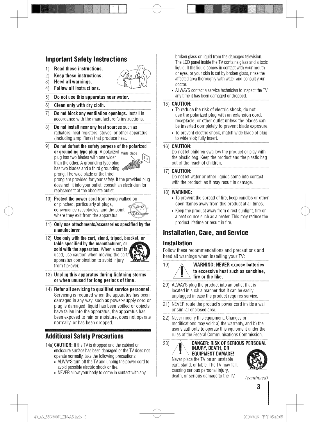 Toshiba 46G30U, 40G30U, 40G300U ImportantSafety instructions, AdditionalSafetyPrecautions, Installation, Care, and Service 